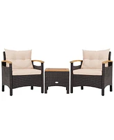 3PCS Patio Rattan Furniture Set Wooden Armrest Table Top Cushioned