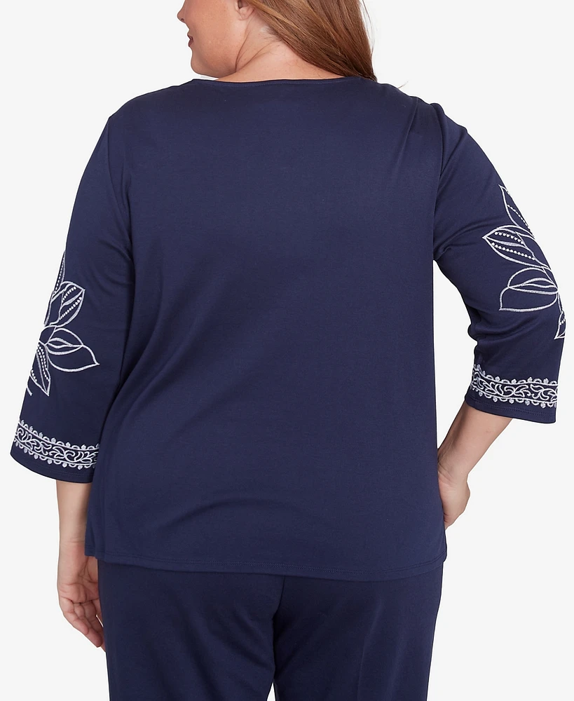 Alfred Dunner Plus Size Block Island Dynamic Floral Embroidered V-Neck Top