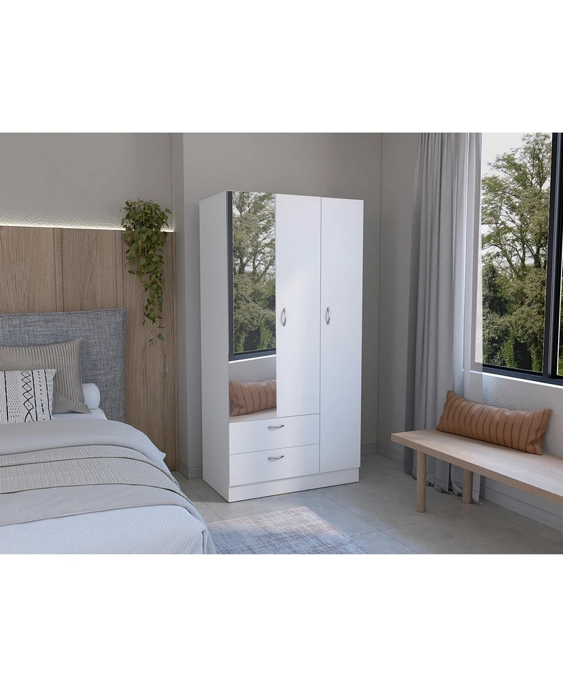 Troy wardrobe with 3 doors, one with mirror, two drawers, four shelves and hanging bar,White