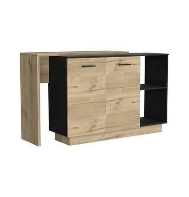 Creta Kitchen Island, Double Door Cabinets, Two External Shelves, Three Shelves, White / Light Oak
