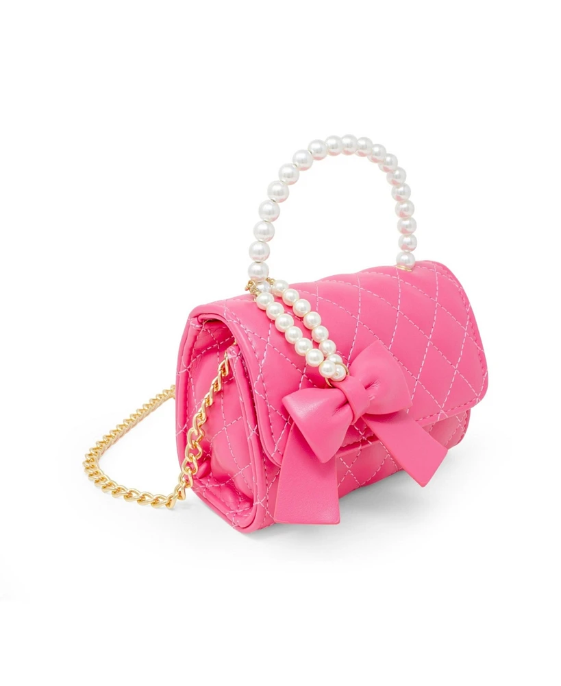 Tiny Treats + Zomi Gems Girls Quilted Pearl Handle Bow Ribbon Handbag, Hot Pink