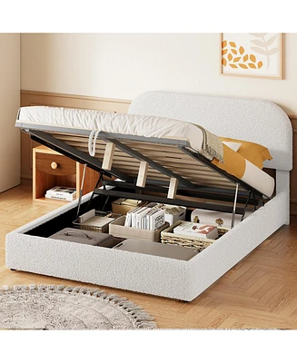 Teddy Fleece Full Size Upholstered Platform Bed with Hydraulic Storage System, Gray