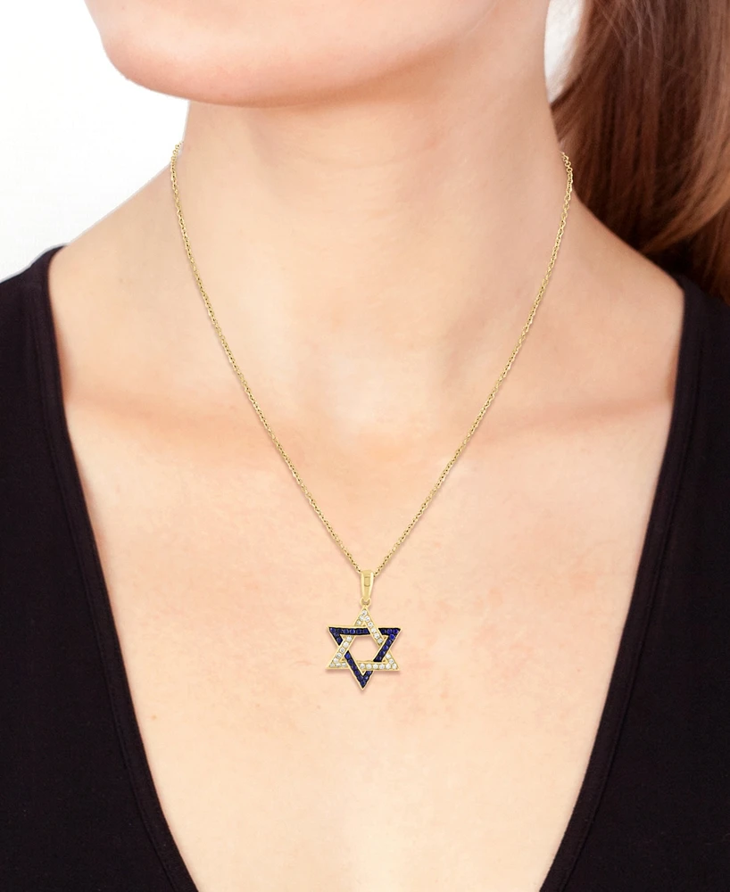 Effy Sapphire (1/6 ct. t.w.) & Diamond (1/8 ct. t.w.) Star Of David Pendant Necklace in 14k Gold, 18" + 1" extender