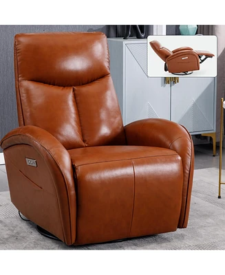 Yellow Brown Genuine Leather Swivel and Rocker Power Recliner Chair with Lumbar Support, Max Swivel Degree 270, Heavy Duty Motion Mechanism with Usb a