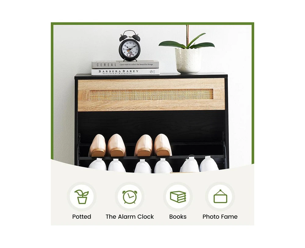 gaomon Natural Rattan Shoe Cabinet with 2 Flip Door and 1 Drawer, Freestanding Shoe Storage Organizer, Modern Narrow Shoe Rack with Adjustable Shelves