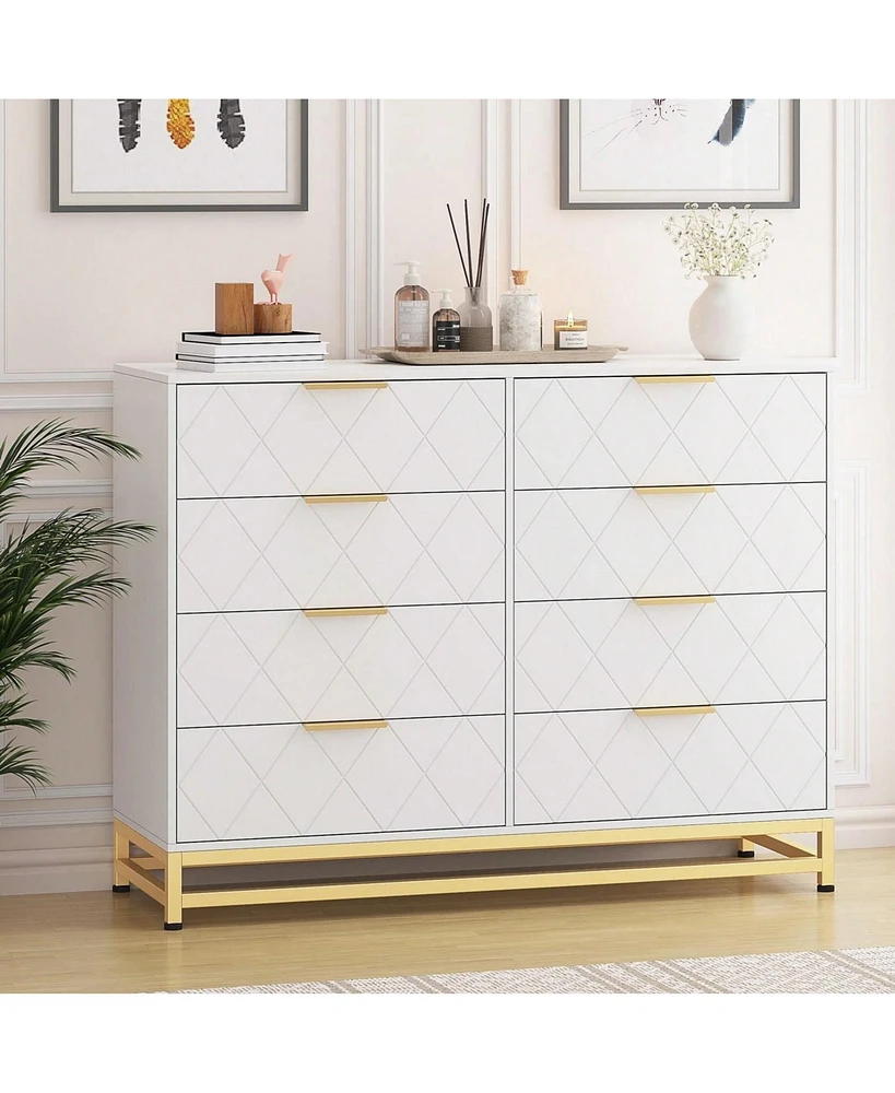 8 Drawer Dresser For Bedroom With Deep Drawers, Wide Chest Of Drawers With Metal Handles, Large Floor Wood Storage Dresser Modern Dresser