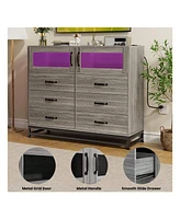 Dresser For Bedroom With Led Lights And Charging Station, 6 Drawer Double Dresser With 2 Shelves, Wide Modern Wooden Chest Of Drawers For Bedroom, Ent