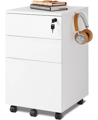 3-Drawer Rolling File Cabinet with Lock, Wood Under Desk Filing Cabinet for Home Office, Fits Letter/Legal/A4 Size, White