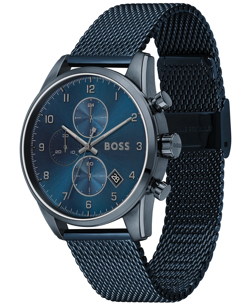 Hugo Boss Men's Chronograph Skymaster Blue Ion-Plated Mesh Steel Bracelet Watch 44mm