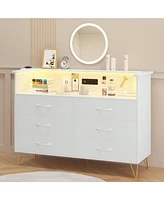 Dresser For Bedroom With Led Light & Charging Station, 6 Wooden Drawers Dressers With 2-Tier Open Shelves, Modern Chest Of Double Wide Drawers For Liv