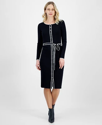 T Tahari Women's Round-Neck Long-Sleeve Button-Front Dress