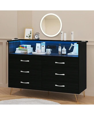 Dresser For Bedroom With Led Light & Charging Station, 6 Wooden Drawers Dressers With 2-Tier Open Shelves, Modern Chest Of Double Wide Drawers For Liv