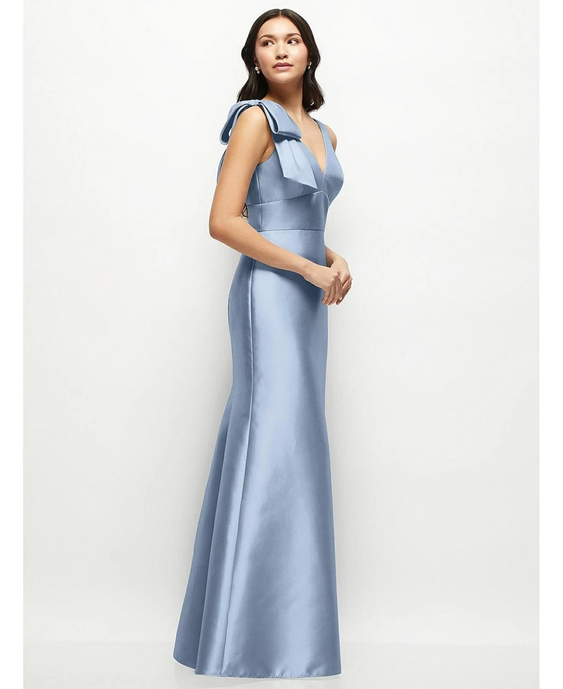 Alfred Sung Women's Deep V-back Satin Trumpet Dress with Cascading Bow at One Shoulder