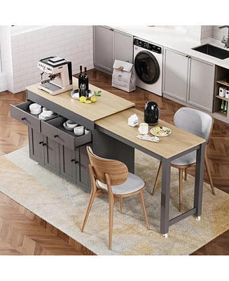 74.5 inch Kitchen Island with Extendable Dining Table, Rolling Kitchen Island on Wheels with Spice Rack and 2 Drawers