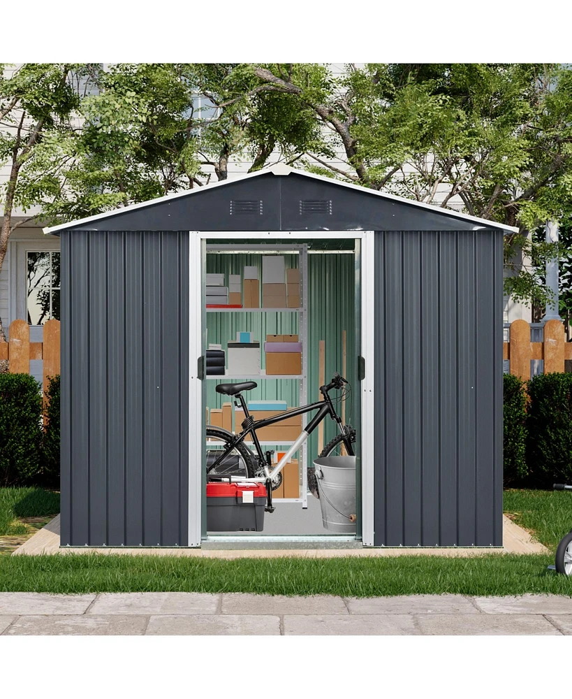 8ft x 4ft Outdoor Metal Storage Shed with Sliding Door and foundation for Backyard, Patio, Lawn (Black and White)