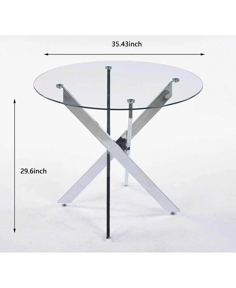 Dining Table with cross metal leg and tempered glass,Modern Space Saving Kitchen Table for Living Room,chrome legs