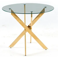 Golden Dining Table with cross metal leg and glass,Modern Space Saving Kitchen Table for Living Room