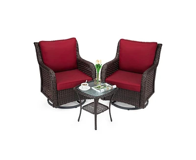 gaomon 3 Pieces Rattan Swivel Rocking Chair Outdoor, Patio Bistro Conversation Furniture Set, Wicker Chair with Cushions and Table
