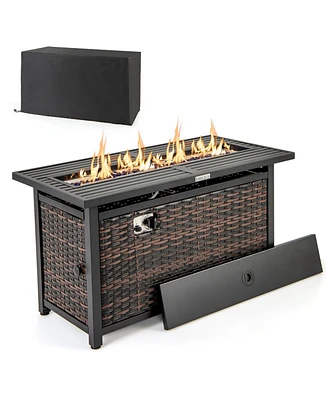 45 Inch Propane Rattan Firepit Table with Glass Stones and Protective Cover-Mixed Brown
