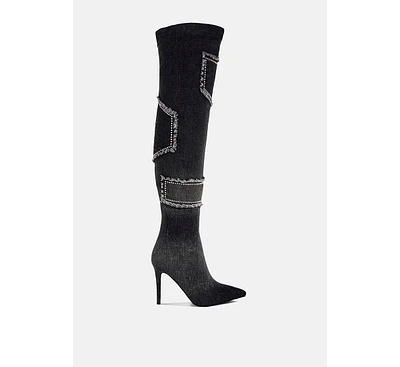 Eilish Rhinestones Knee High Denim Boots