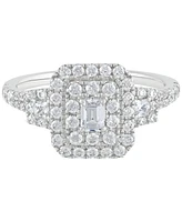 Diamond Emerald Double Halo Cluster Engagement Ring (1 ct. t.w.) in 14k White Gold