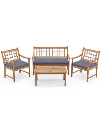 4 Piece Wood Patio Furniture with Armchairs Loveseat and Table