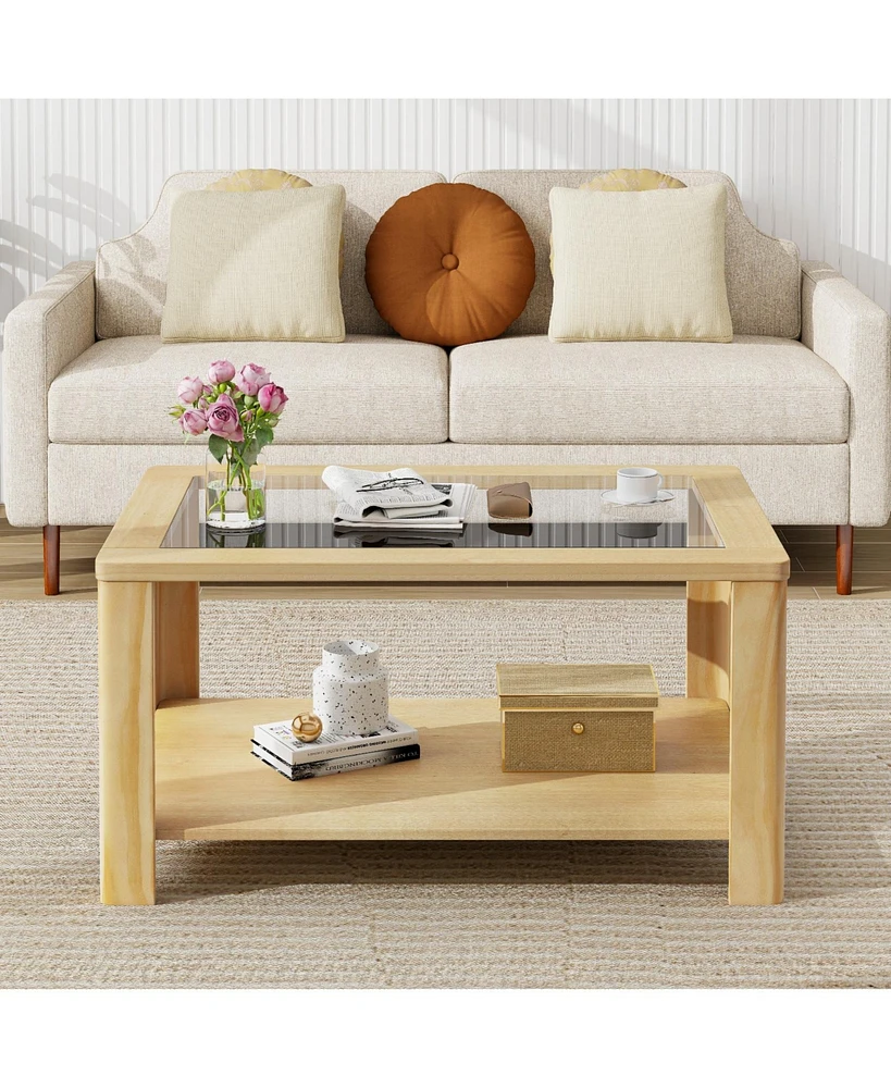 Gouun 2-Tier Table Rectangular Center Table with Tempered Glass Tabletop and Storage Shelf