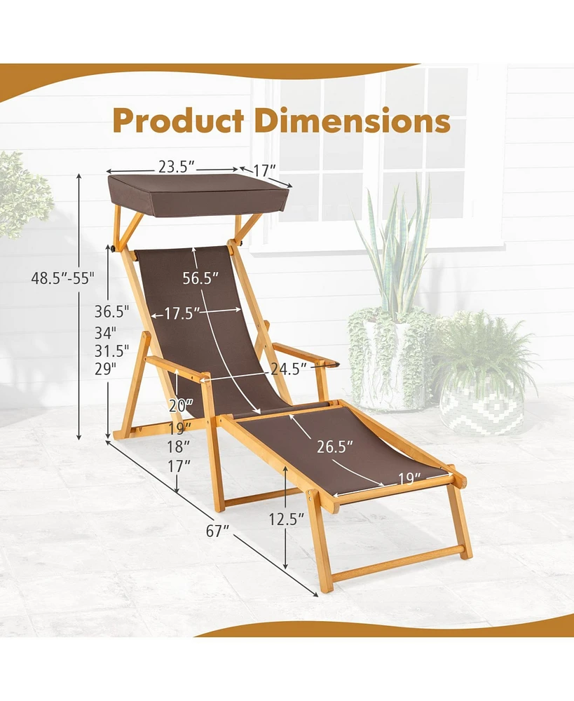 Gouun Birch Wood Chaise Lounge Chair Foldable Beach with Adjustable Canopy