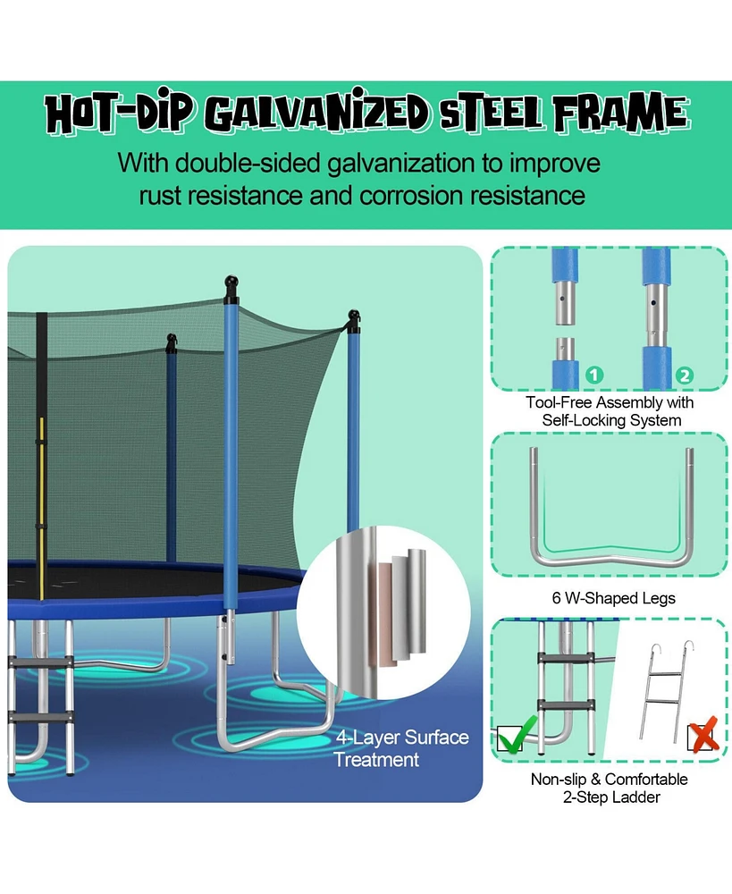 12/14/15/16 Feet Outdoor Recreational Trampoline with Ladder and Enclosure Net