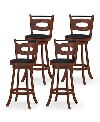 Gymax 4PCS 360°; Swivel Bar Stools Dining Chairs Solid Rubber Wood Leather Padded Brown & Black