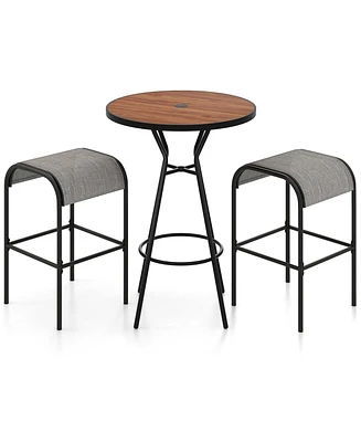 3 Pieces Outdoor Round Bar Table Set with 1.6 Inches Umbrella Hole
