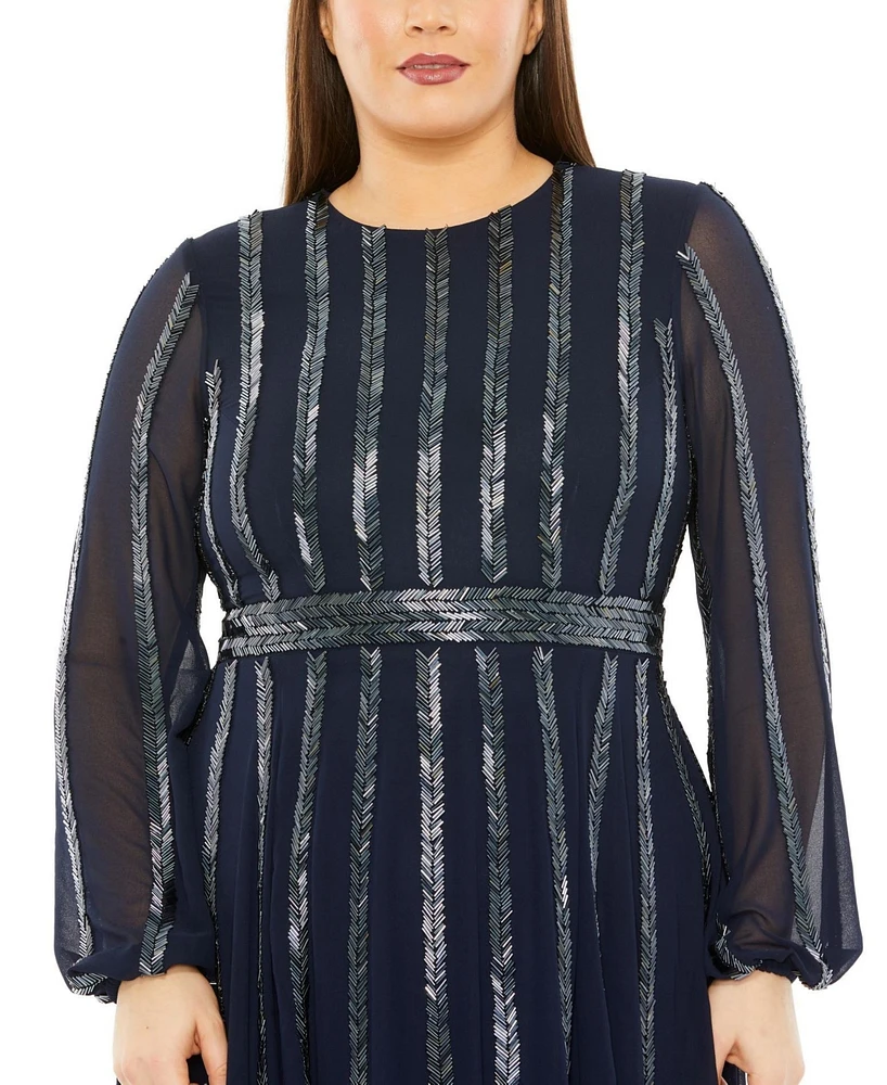 Mac Duggal Plus Long Sheer Sleeve Beaded Dress
