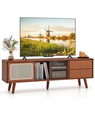 Bamboo Tv Stand Console Table with Pe Rattan Door & 2 Drawers for up to 65''