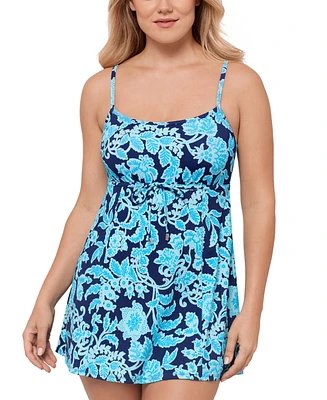 Swim Solutions Women's Printed Empire Tummy-Control Swim Dress, Exclusively at Macy's