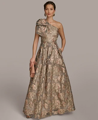 Donna Karan New York Women's Metallic Jacquard One-shoulder Bow Floral Ball Gown
