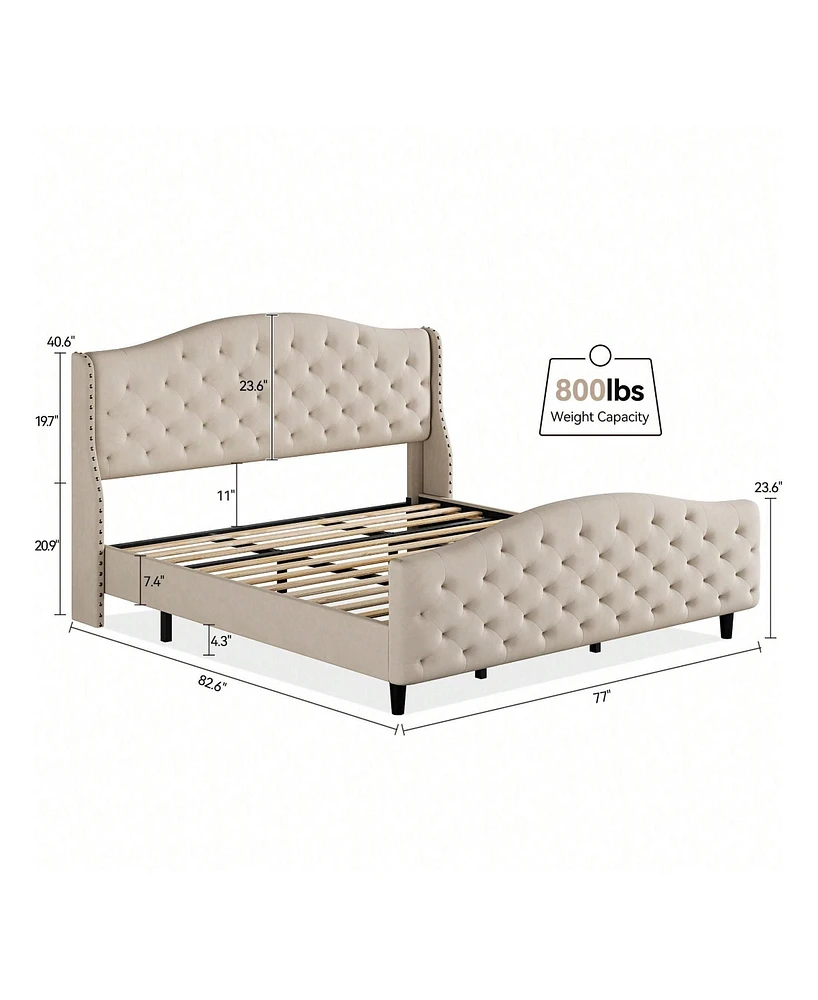 gaomon Queen/King Velvet Bed Frame With Headboard And Footboard, Tufted Wingback Headboard, Upholstered Platform Bed, Strong Wooden Slats, No Box