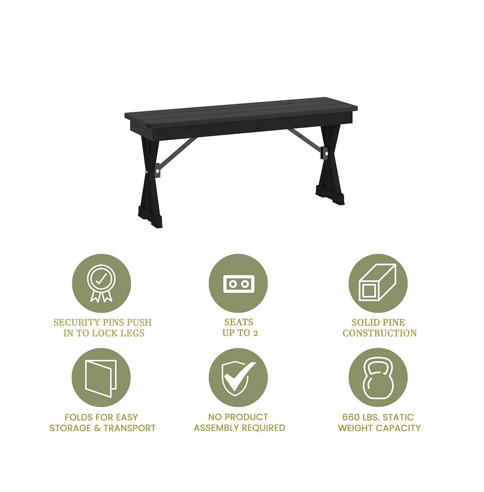 Merrick Lane Tinsley 40" X 12" Solid Pine Folding Farmhouse Style Bench, Rustic Pinewood Folding Dining Bench With Locking X-Legs