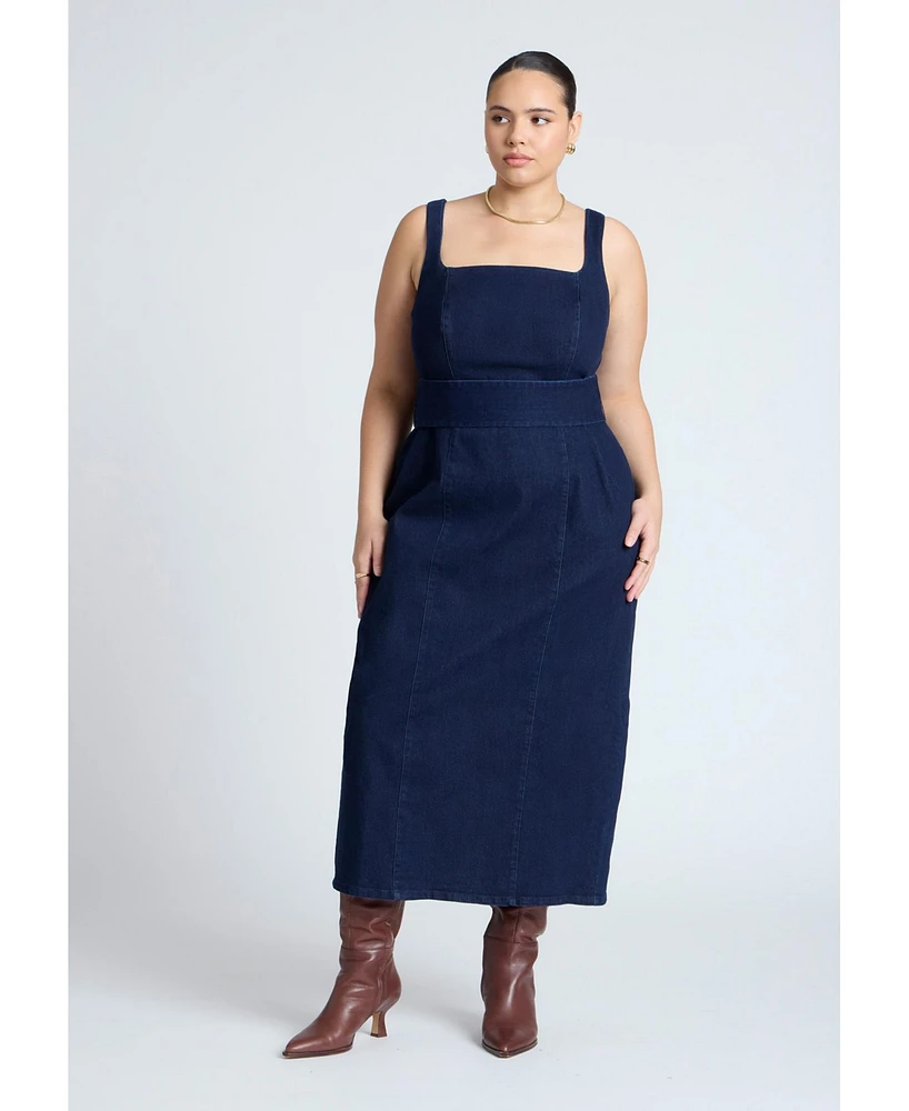 Eloquii Women's Tie Detail Denim Midi Dress