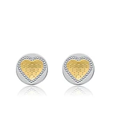 Two-Tone Heart Milgrain Medallion Round Stud Earrings in White Gold Plated or 14K Gold Plated