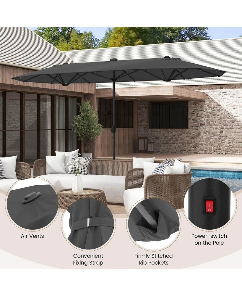 13FT Double-sided Patio Umbrella with Solar Lights Crank Handle Base