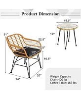 3 Pieces Rattan Furniture Set with Cushioned Chair Table