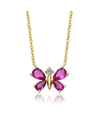 Sterling Silver 14K Gold Plated Butterfly Necklace with Red Cubic Zirconia