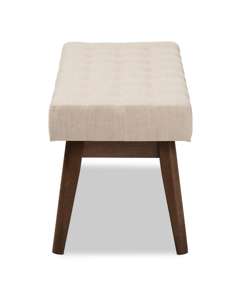 Baxton Studio Elia Mid-Century Modern Walnut Wood Light Beige Fabric Button-Tufted Bench