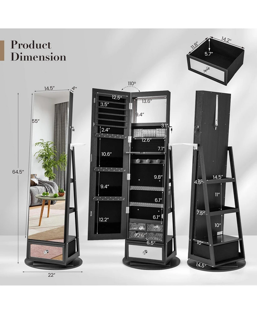 Gouun Lockable 360° Swivel Jewelry Cabinet with Full-Length Mirror Led Lights