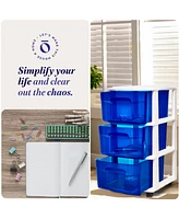Homz Plastic 3 Drawer Medium Storage Container Tower, Blue Drawers/White Frame