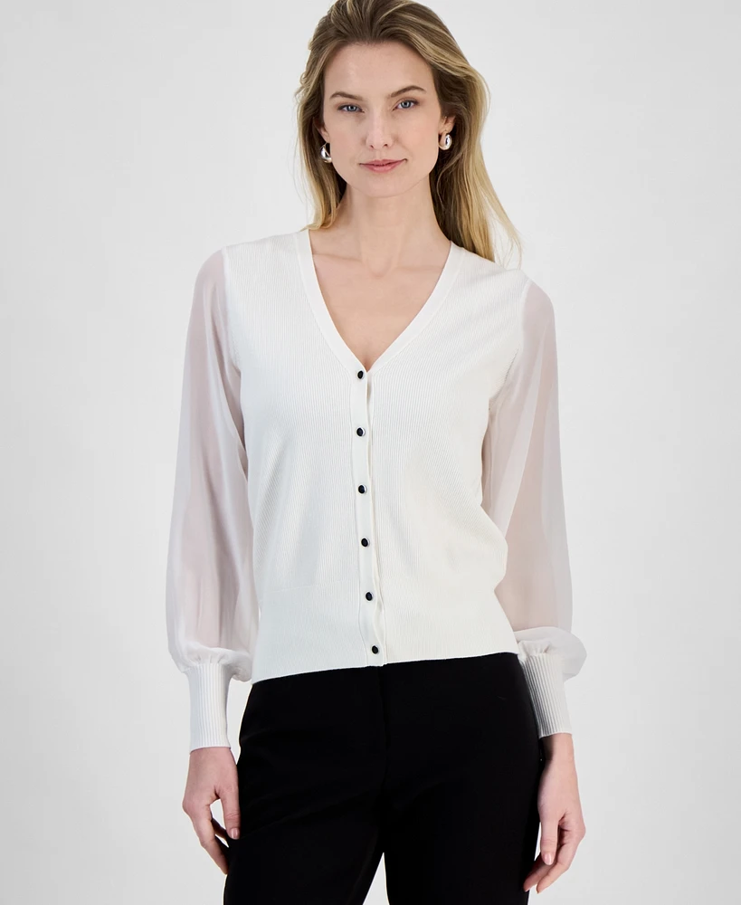 T Tahari Women's Contrast-Sleeve Button-Front Cardigan