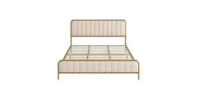 Metal Platform Bed with Gold Finish and Upholstered Headboard – Stylish Frame with Slats for Mattress Support
