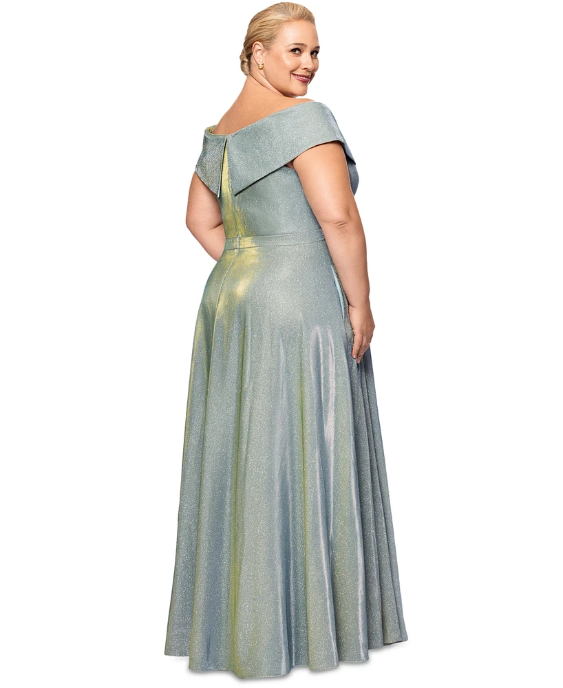 Xscape Plus Size Draped Off-The-Shoulder Metallic Gown