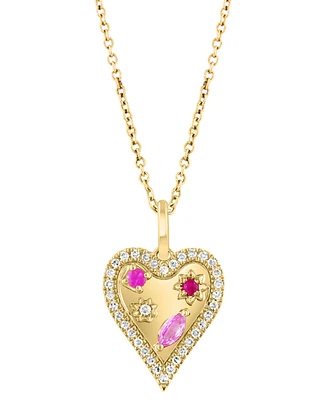 Effy Pink Sapphire (1/8 ct. t.w.), Ruby Accent, & Diamond (1/6 ct. t.w.) Heart Halo 18" Pendant Necklace in 14k Gold