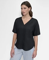 Dkny Women's Seamed-Front V-Neck Curved-Hem Linen Blouse